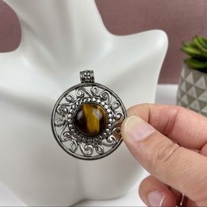 Brown Tiger Eye Circle Round Pendant Silver Colored Women Jewelry
